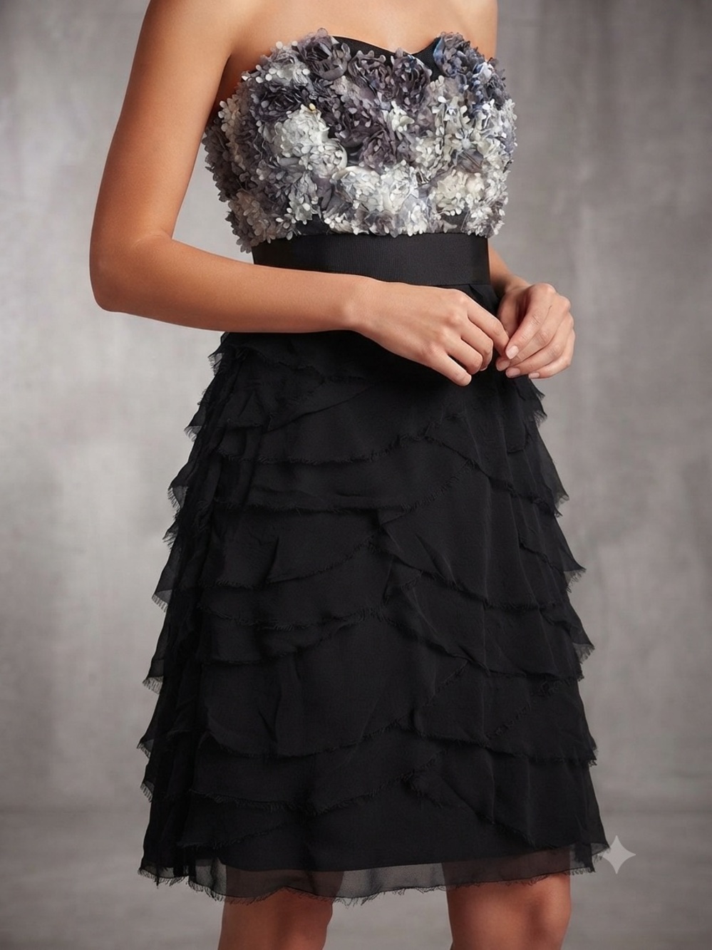 Phoebe Couture Y2K Black Mini Dress with Gray Floral Applique Bodice size 4